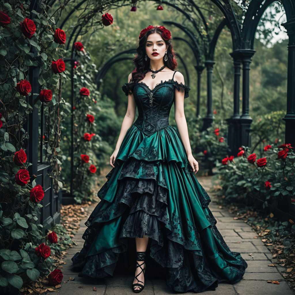 Woman in Dark Green Victorian Gothic Dress with Red Roses in Garden