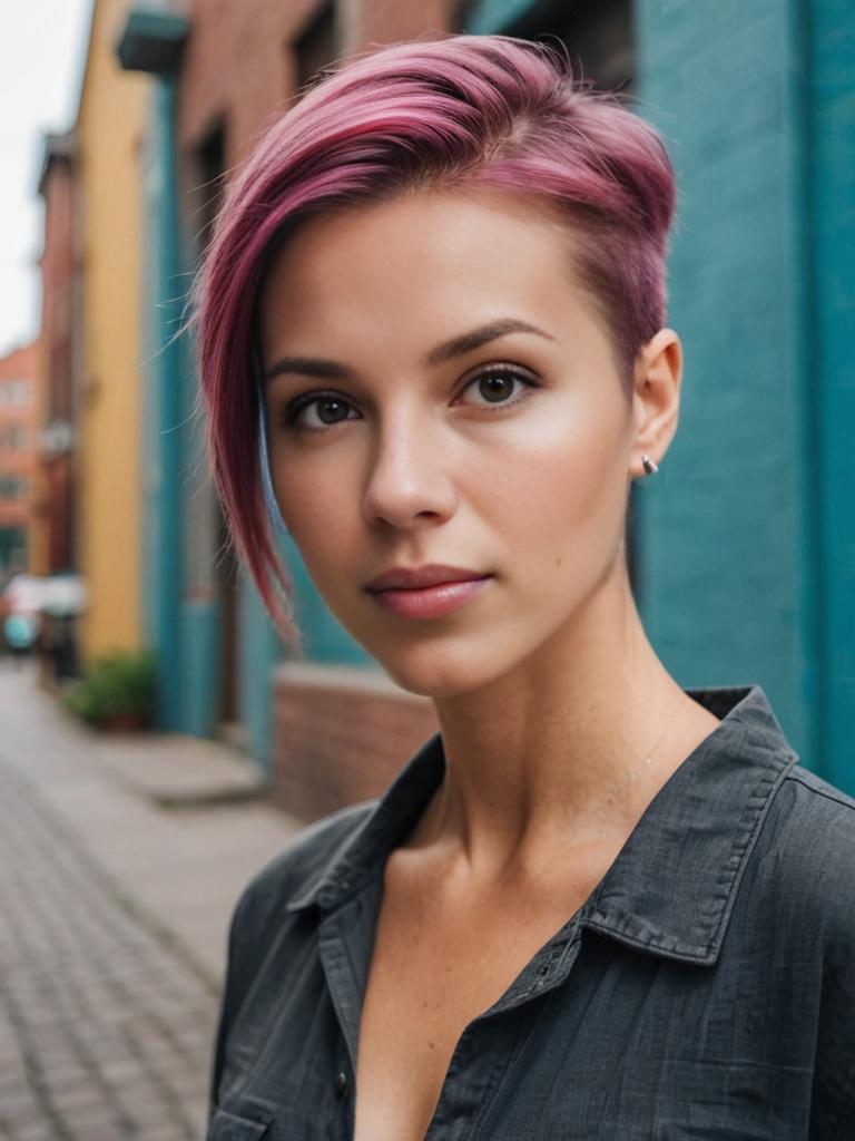 Modern Viking Haircut Woman with Pink Hair