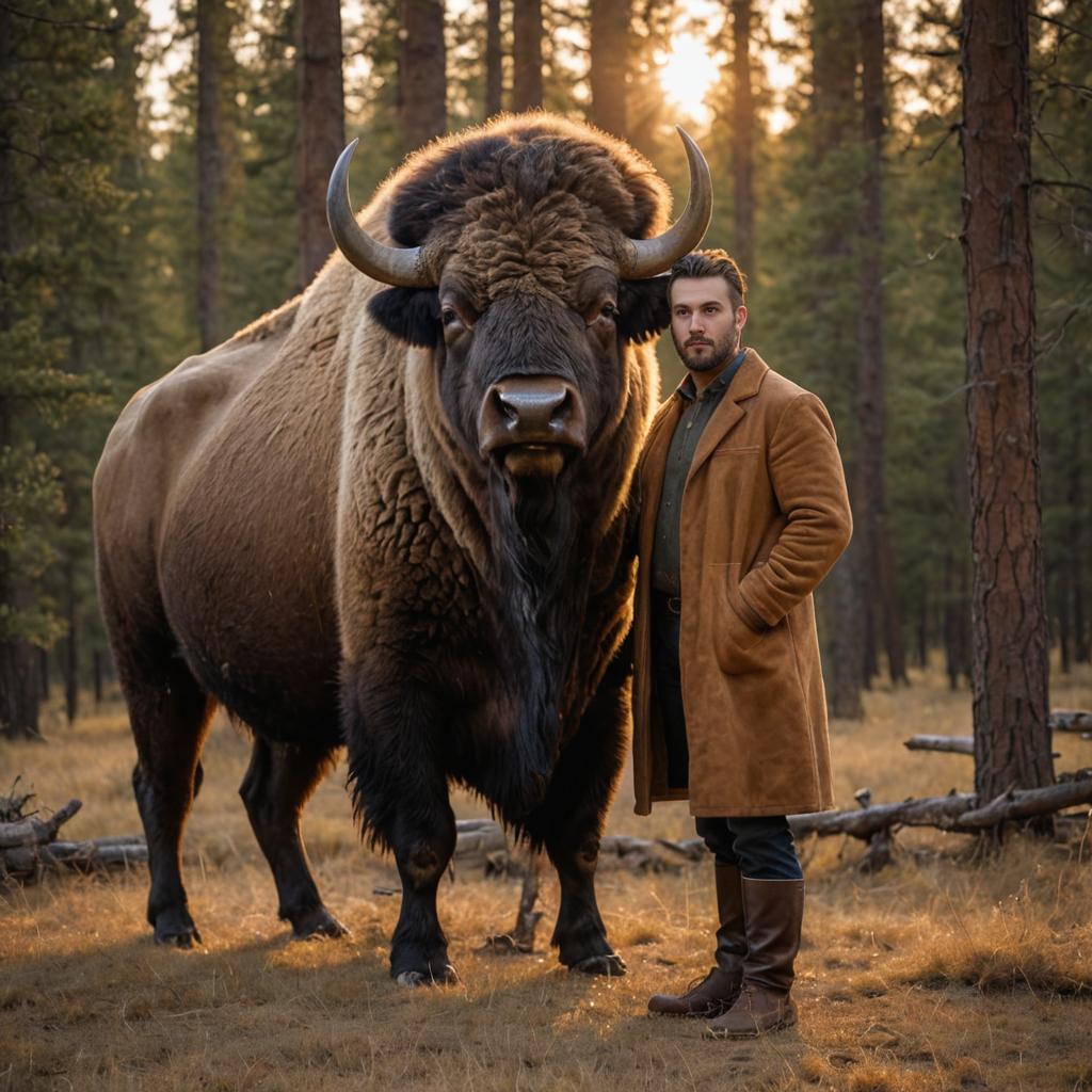 Man in Brown Coat with Bison in Serene Forest