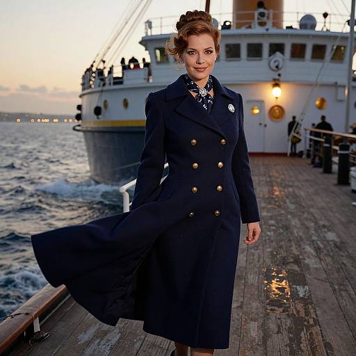 Elegant Woman in Navy Double-Breasted Coat on Ship Deck