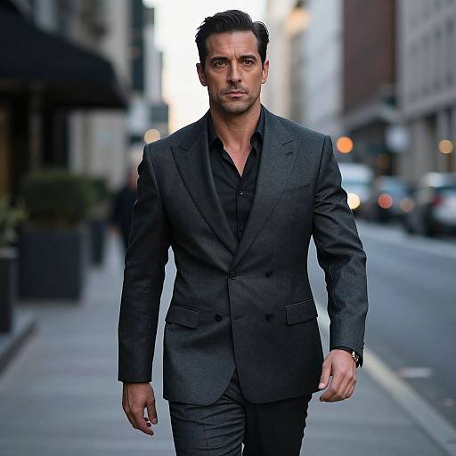 Confident Man in Tailored Dark Grey Suit Walking on Urban Street