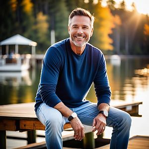 Smiling man by serene lake at golden hour