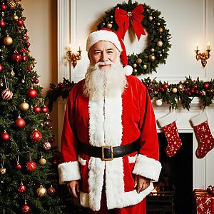 Realistic Santa Claus in Festive Christmas Room with Tree and Stockings