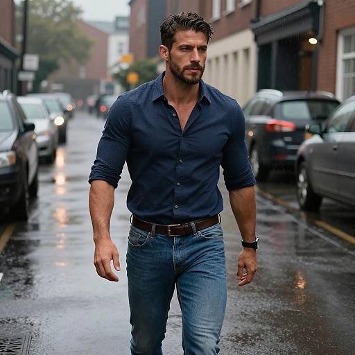 Confident Man Walking on Rainy Urban Street in Casual Outfit