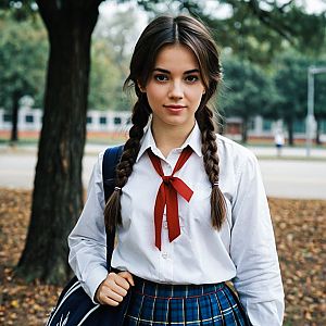 Young Woman in School Uniform in Autumn