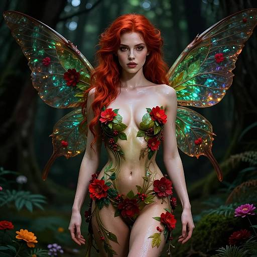Red-Haired Woman with Floral Body Art and Fairy Wings in Enchanted Forest