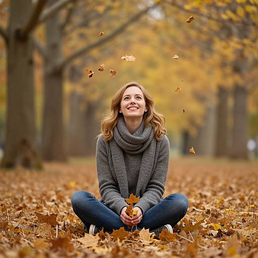 Young Woman Relaxing Outdoors in Autumn Park with Falling Leaves