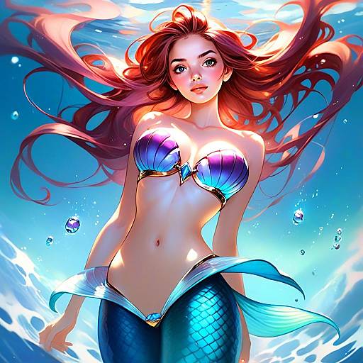 Digital Illustration of Red-Haired Mermaid Inspired by Disney Ariel in Anime Style
