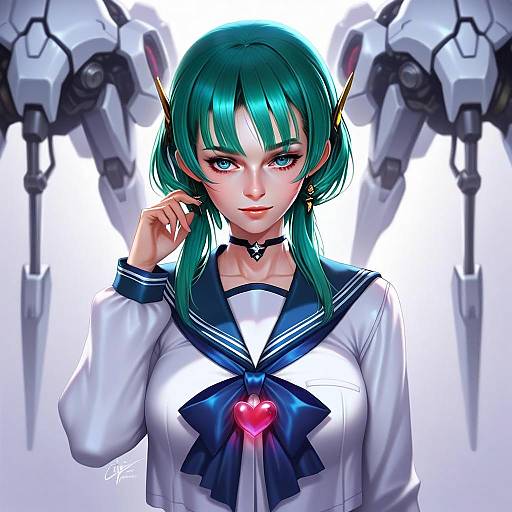 Anime Style Woman with Teal Hair and Futuristic Robots in Sci-Fi School Uniform
