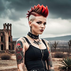 Confident Woman with Red Mohawk in Ruined Landscape
