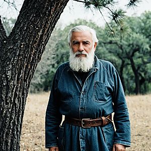 Elderly Man in Blue Denim Jumpsuit Outdoors by Tree