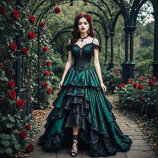 Woman in Dark Green Victorian Gothic Dress with Red Roses in Garden