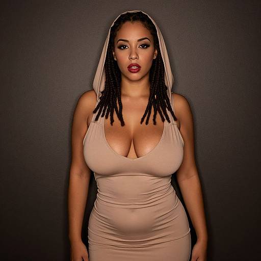 Confident Woman in Beige Hooded Dress with Braided Hair