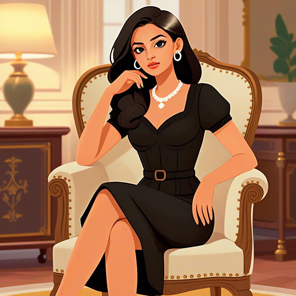 Elegant Woman in Black Dress Sitting on Classic Armchair Digital Illustration