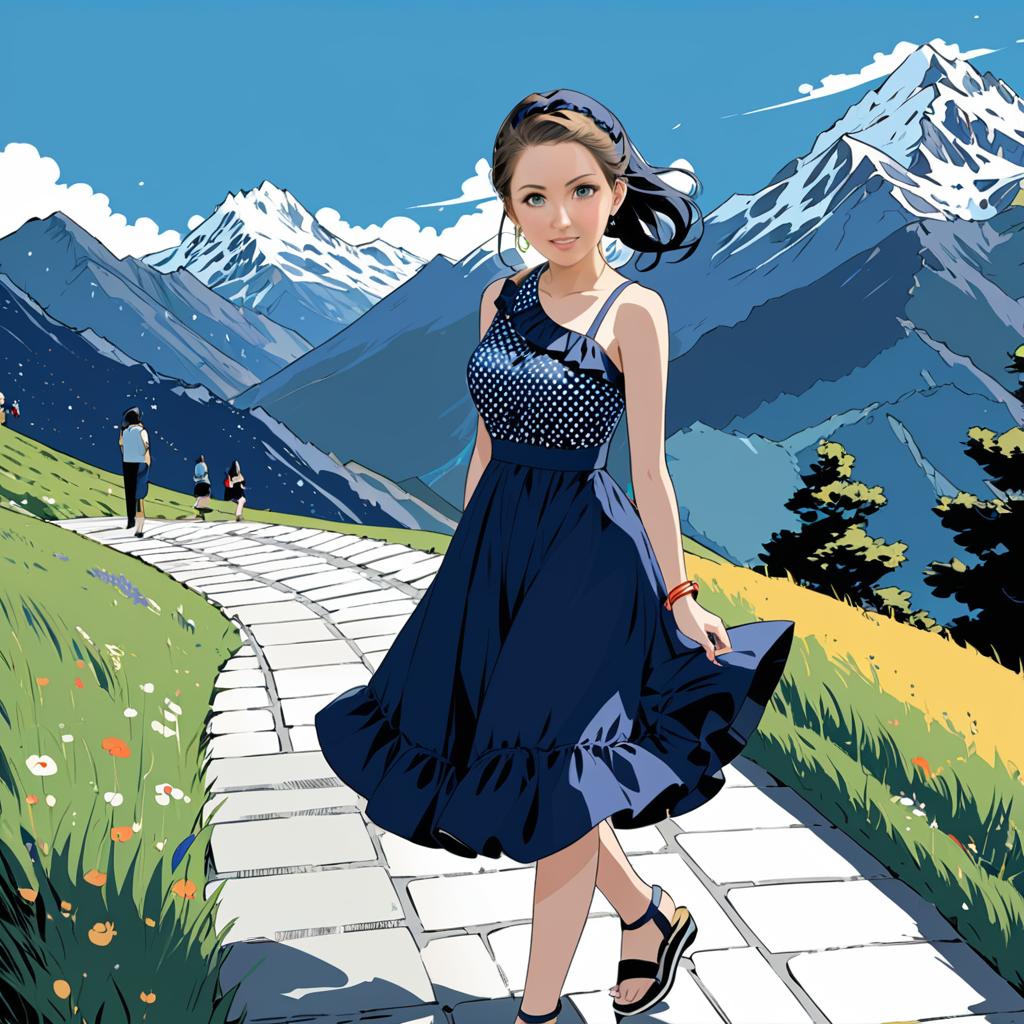 Anime Woman in Blue Dress on Mountain Path