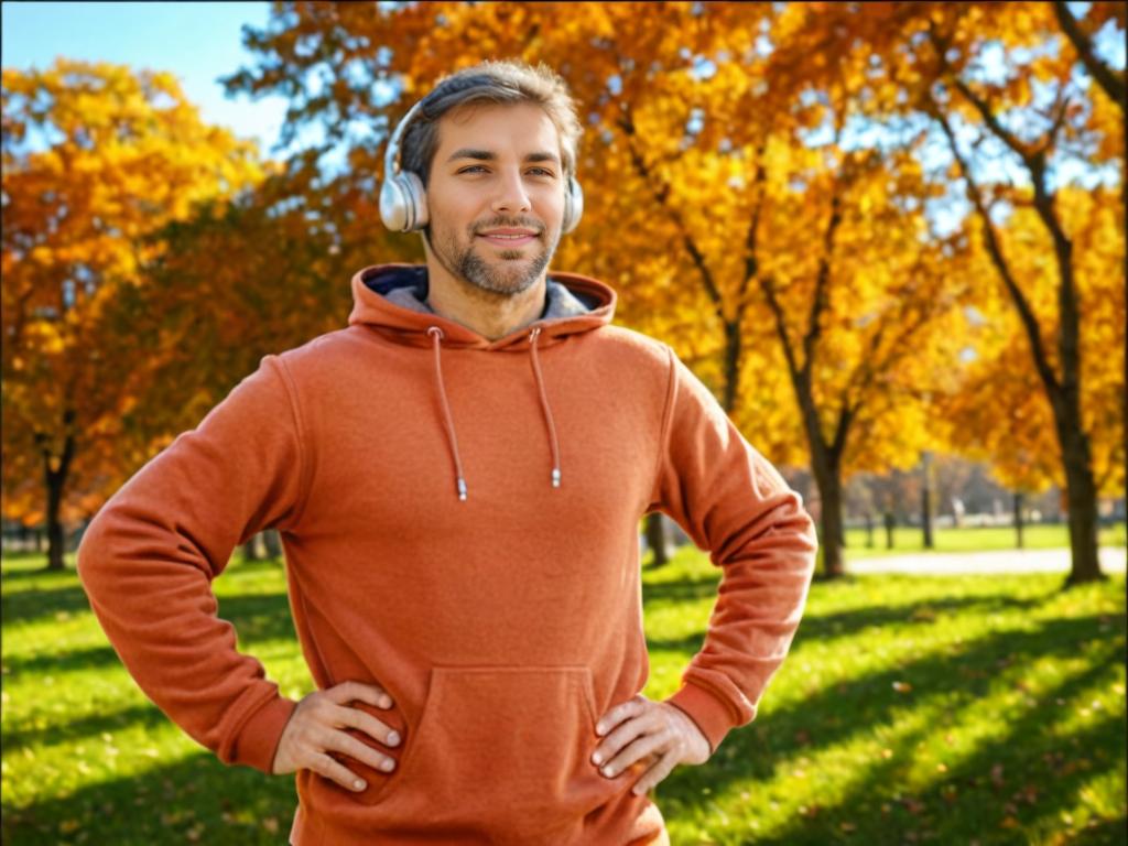 Man in Orange Hoodie with Headphones in Autumn Park