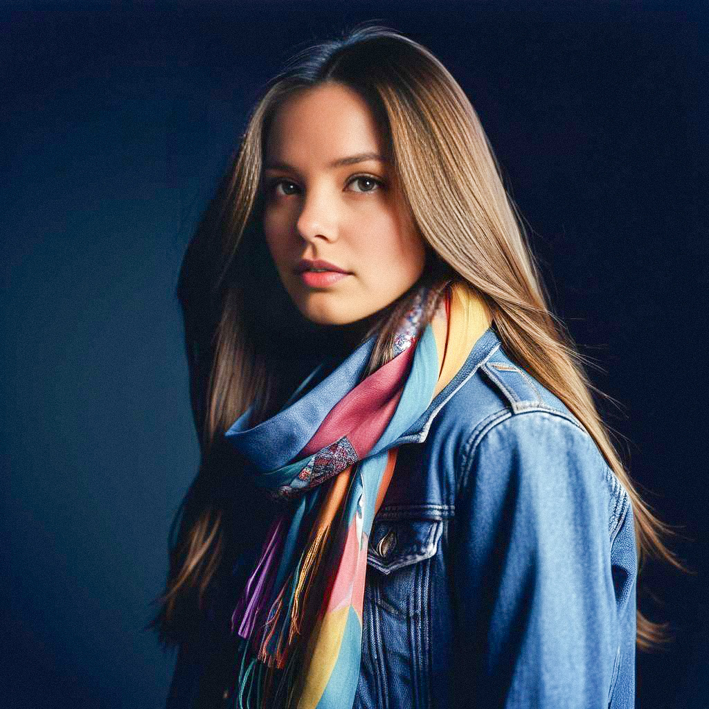 Young Woman in Denim Jacket with Colorful Scarf Young Woman in Denim Jacket with Colorful Scarf