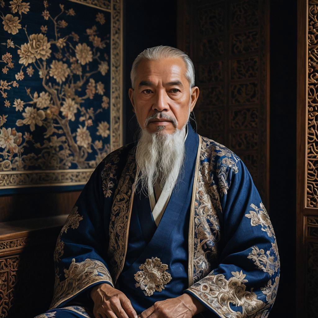 Elderly Man in Traditional Blue Robe Elderly Man in Traditional Blue Robe
