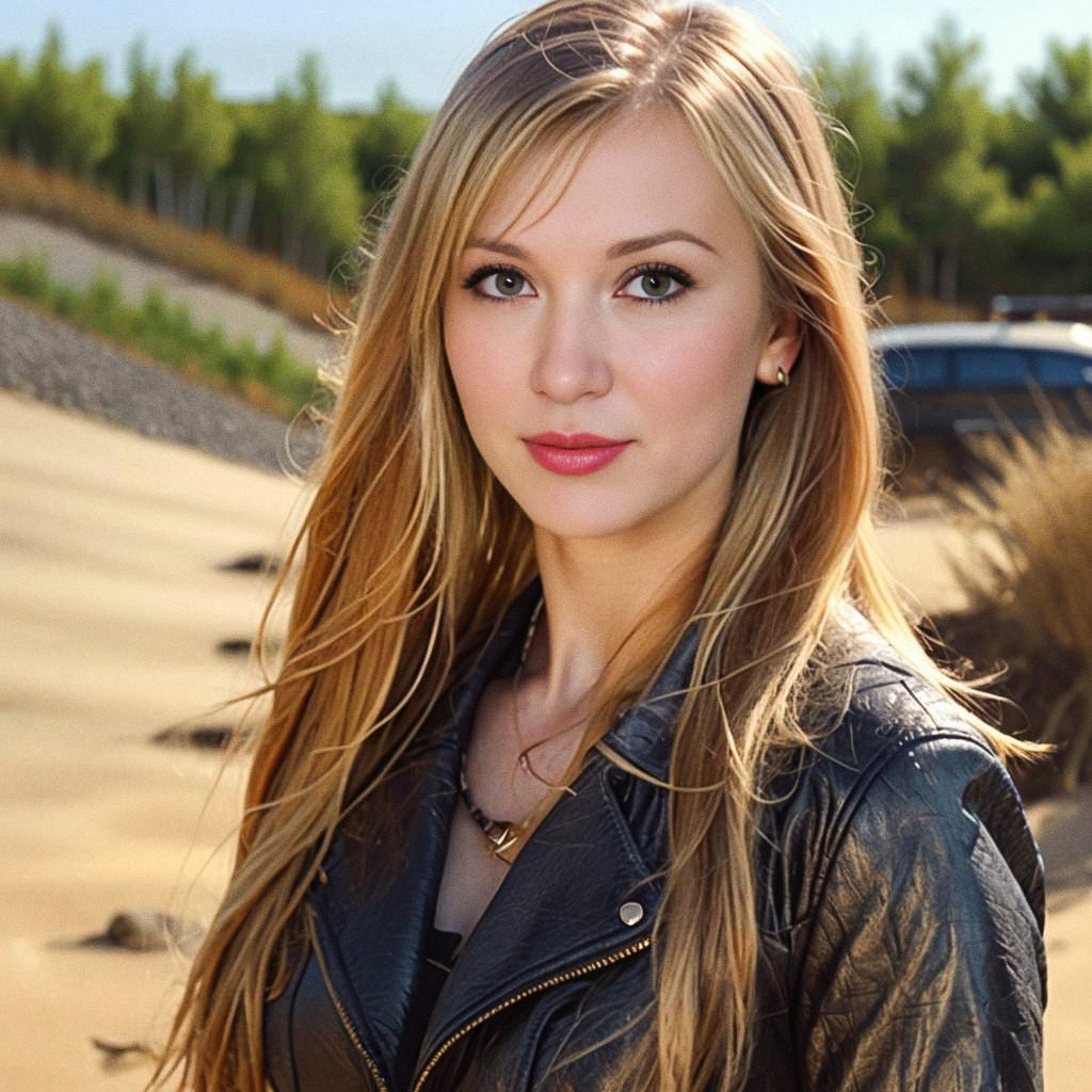 Confident Young Woman in Leather Jacket Against Sandy Landscape Confident Young Woman in Leather Jacket Against Sandy Landscape
