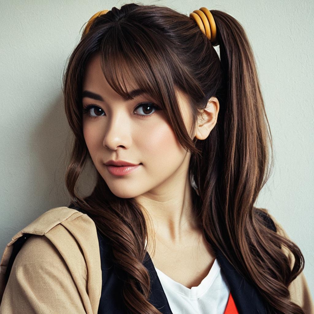 Portrait of Young Woman with Tan Twin Ponytails in Casual Outfit