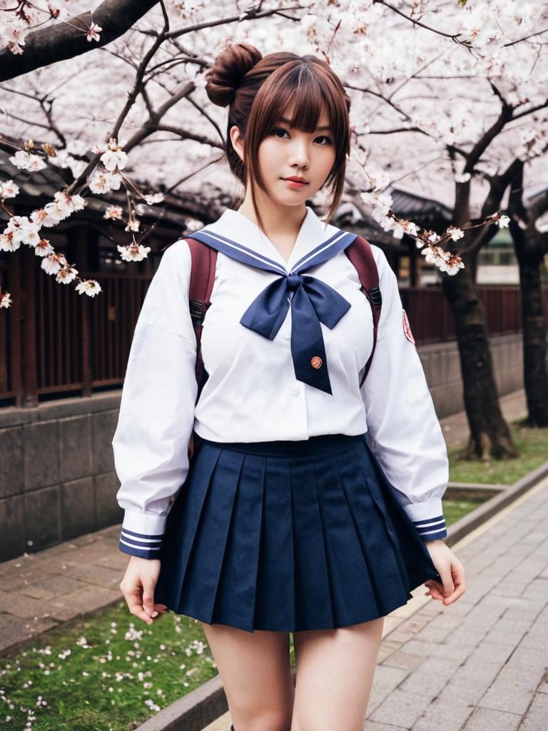 Japanese Schoolgirl in Sailor Uniform Under Cherry Blossoms During Hanami