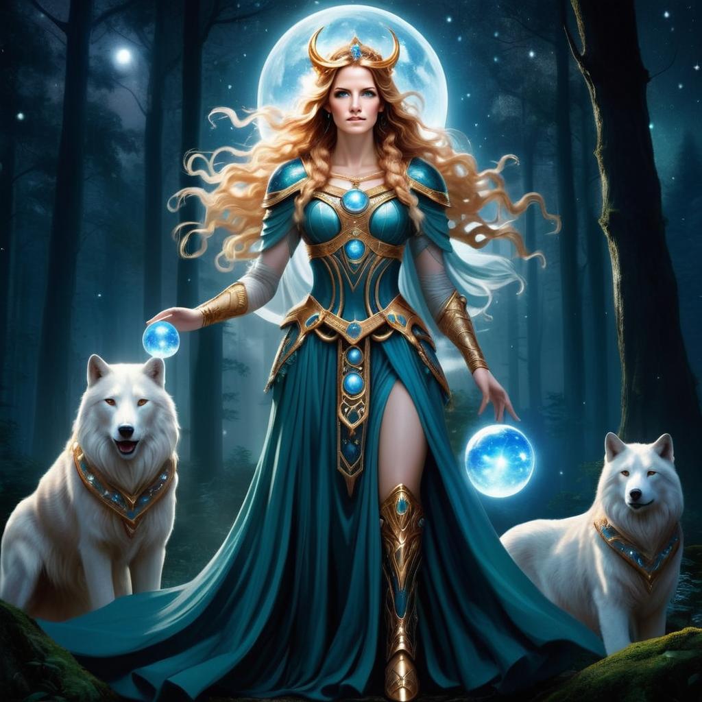 Mystical Woman in Enchanted Forest with Wolves