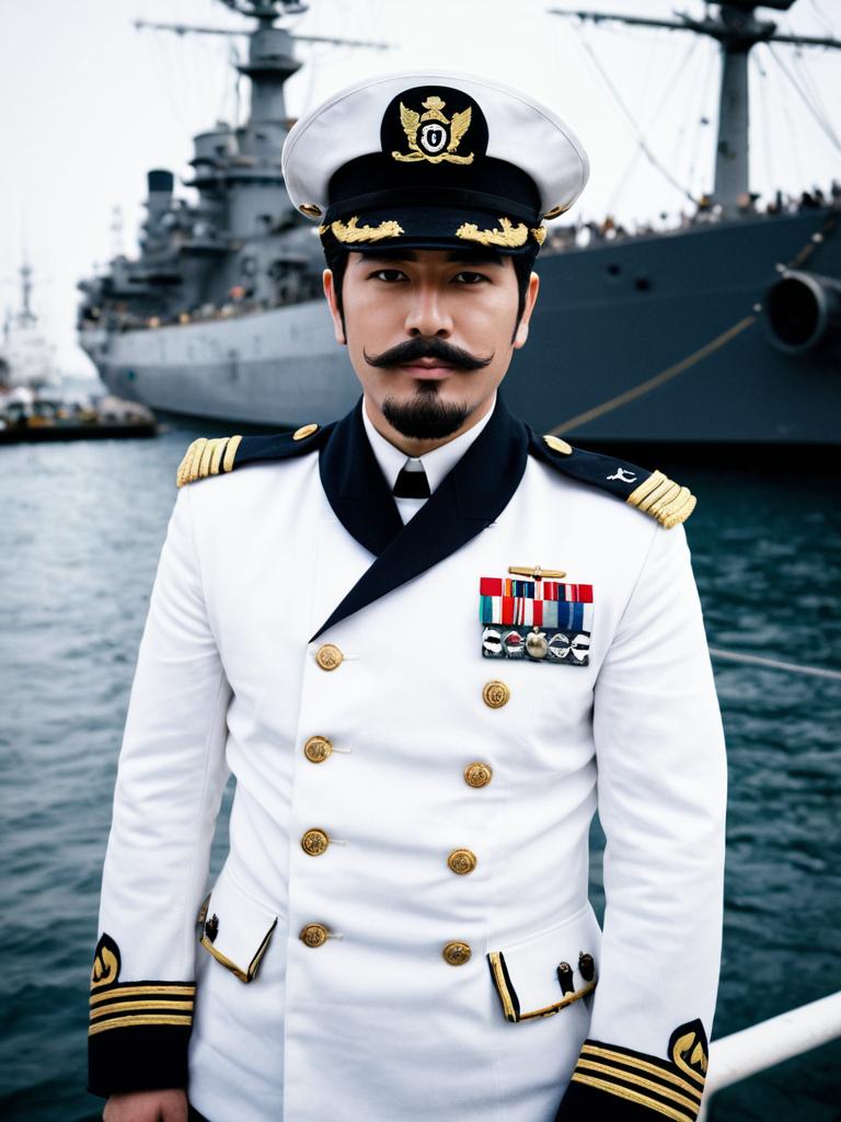 Naval Admiral Portrait in White Uniform with Warship Background