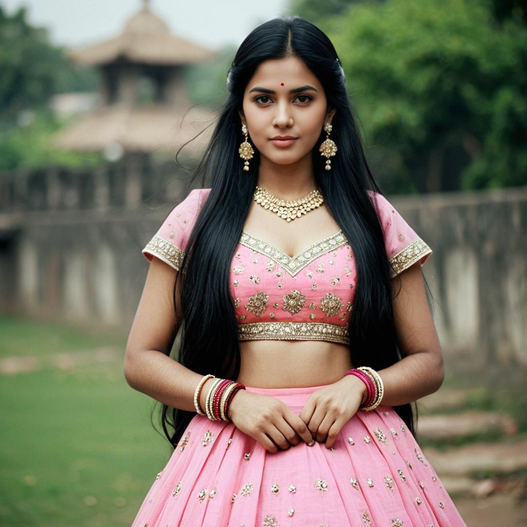 Young Woman in Pink Lehenga with Gold Jewelry Young Woman in Pink Lehenga with Gold Jewelry