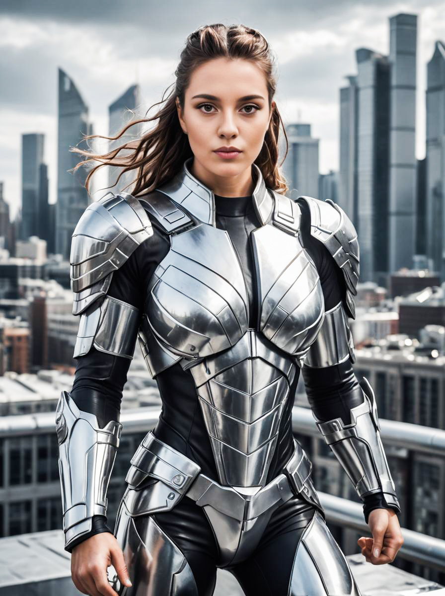 Woman in Futuristic Metallic Armor Against City Skyline