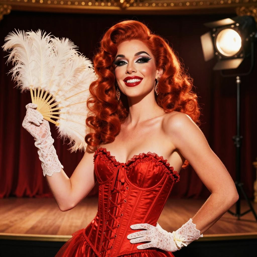Vintage Burlesque Woman in Red Corset with Feather Fan on Stage