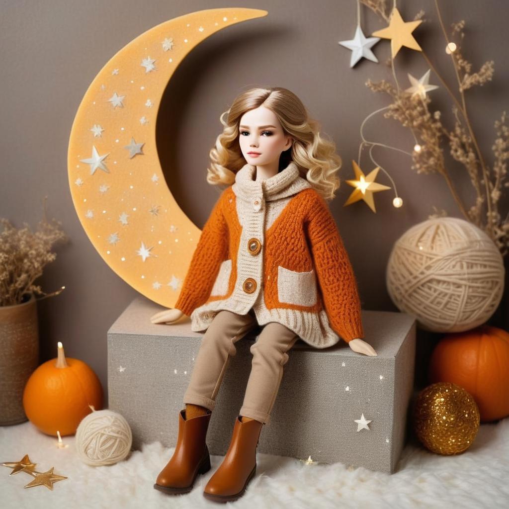 Realistic Doll in Autumn Knitwear with Moon and Stars Decor