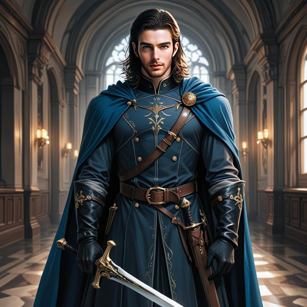 Medieval Fantasy Knight in Blue Armor Holding Sword in Grand Hall