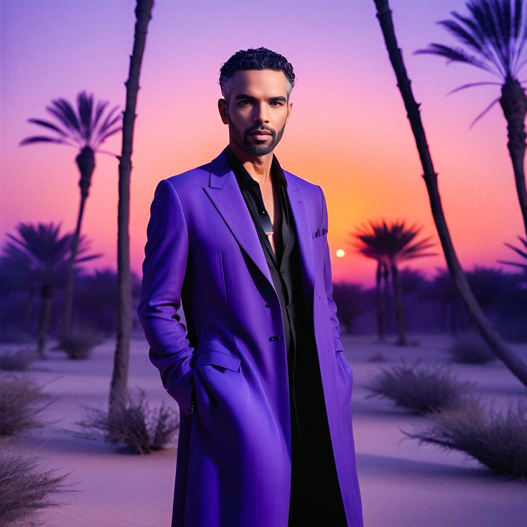 Stylish Man in Purple Coat at Sunset