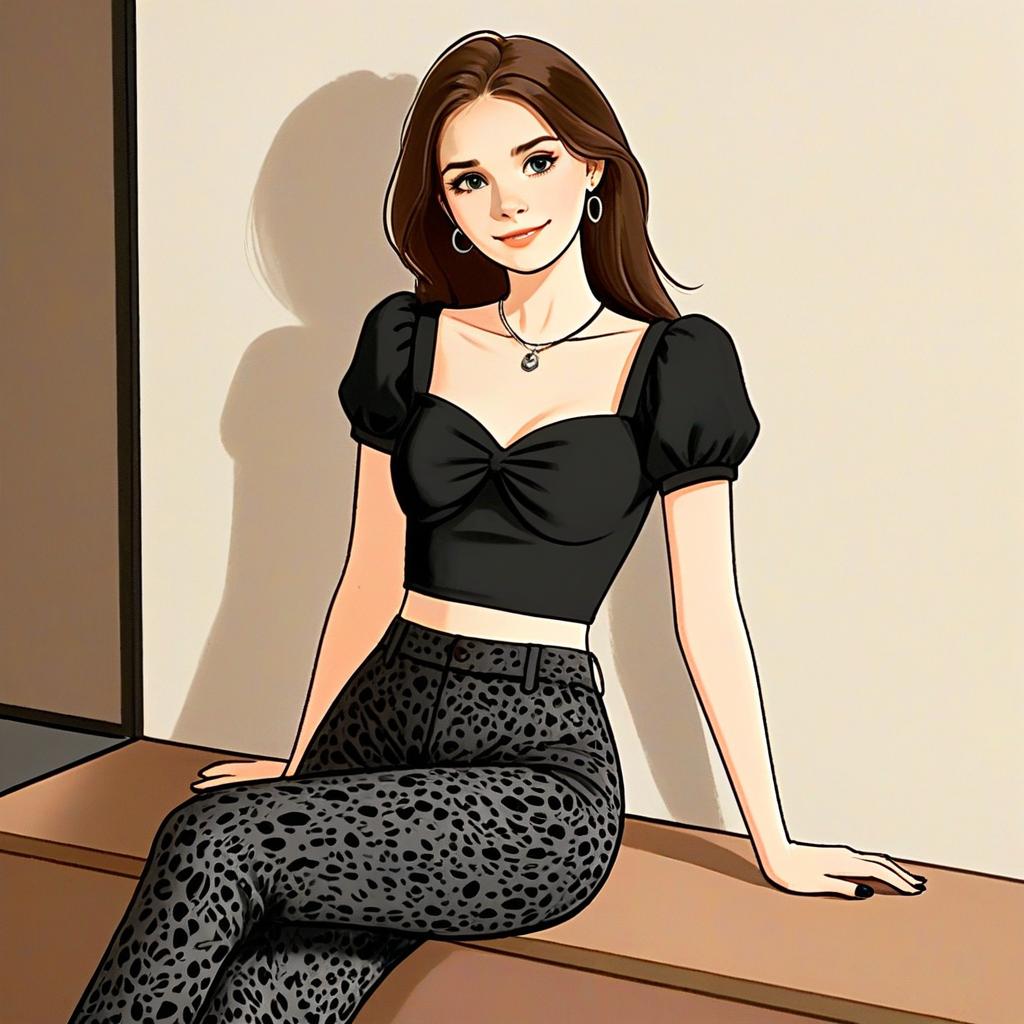 Woman in Casual Chic Fitted Black Crop Top and Leopard Print Pants Digital Illustration