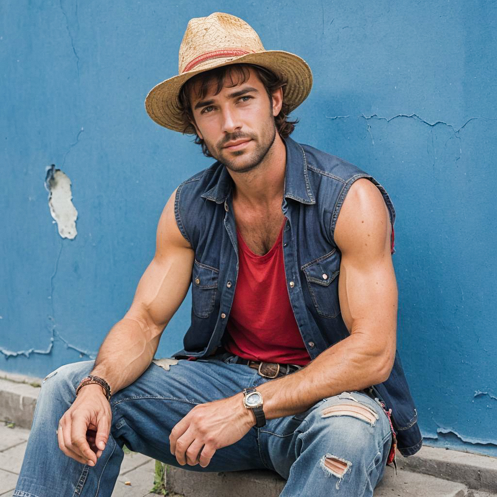 Casual Young Man in Denim Vest Against Blue Wall Casual Young Man in Denim Vest Against Blue Wall
