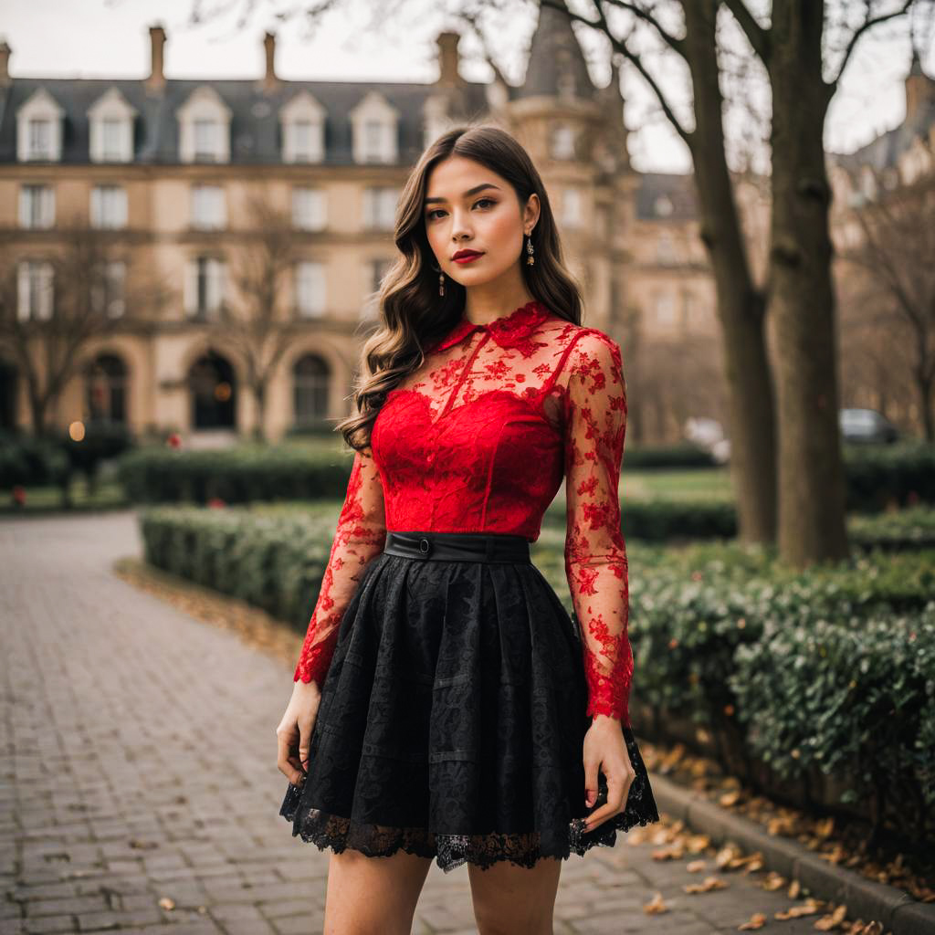 Stylish Woman in Red Lace Top Outdoor