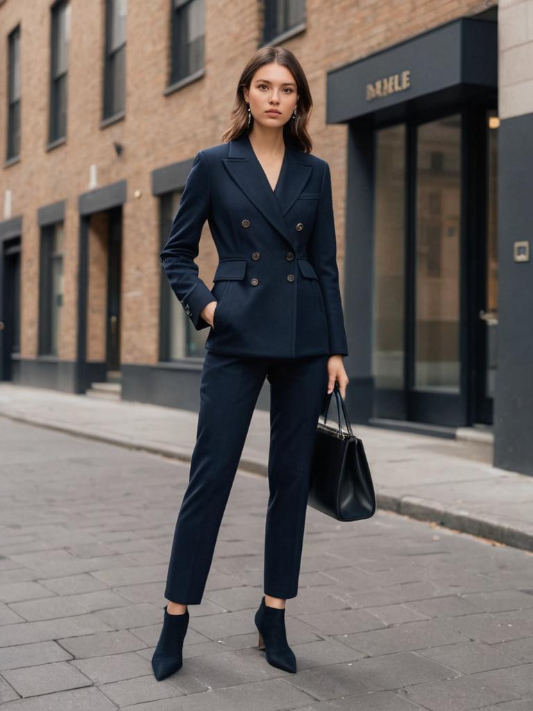 Confident Woman in Navy Blue Pantsuit on City Street