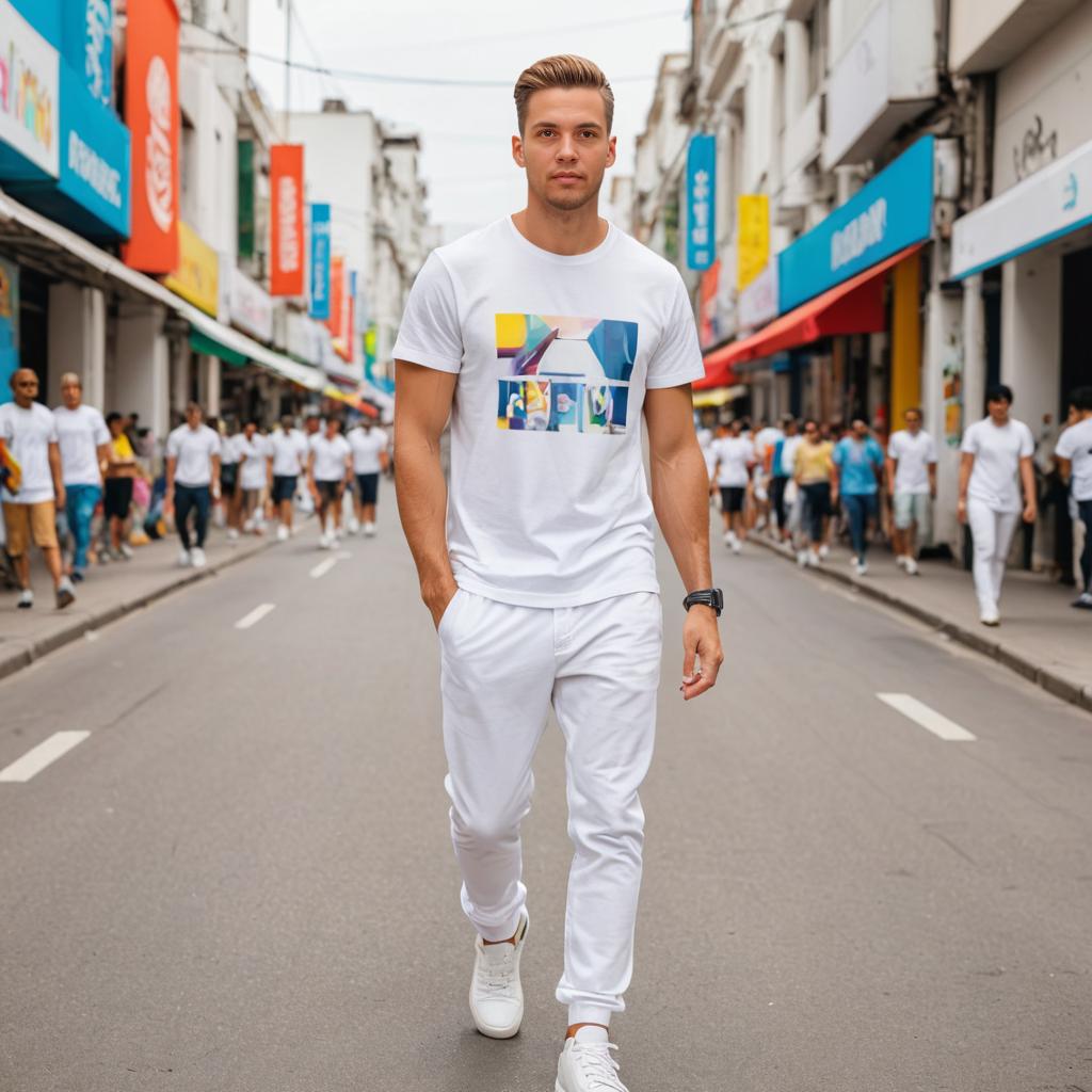 Confident man in stylish white outfit walking in the city