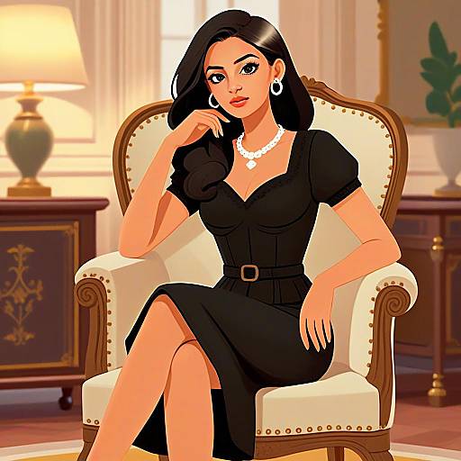Elegant Woman in Black Dress Sitting on Classic Armchair Digital Illustration