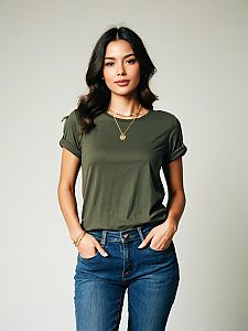Woman Wearing Olive Green Round Neck T-Shirt with Rolled Up Sleeves Casual Outfit