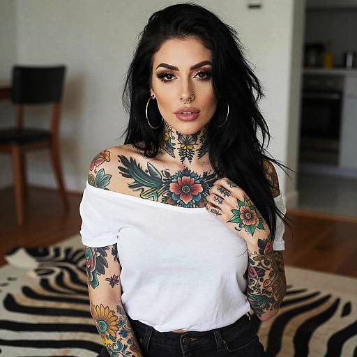 Confident Woman with Floral Tattoos Wearing White Off-Shoulder Top