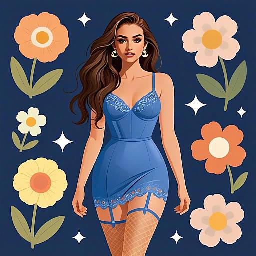 Stylish Woman in Blue Lace Dress with Floral Background Illustration