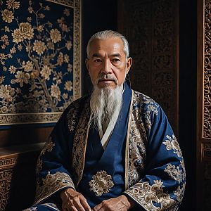 Elderly Man in Traditional Blue Robe