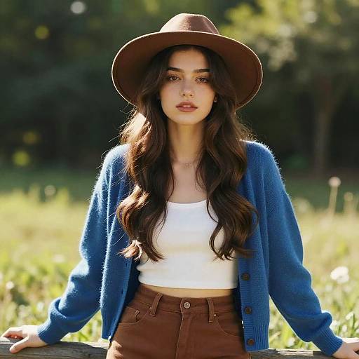 Young Woman in Bohemian Style Wearing Hat and Blue Cardigan Outdoors