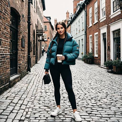 Stylish Woman in Teal Puffer Jacket on Cobblestone Street