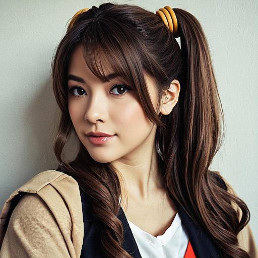 Portrait of Young Woman with Tan Twin Ponytails in Casual Outfit