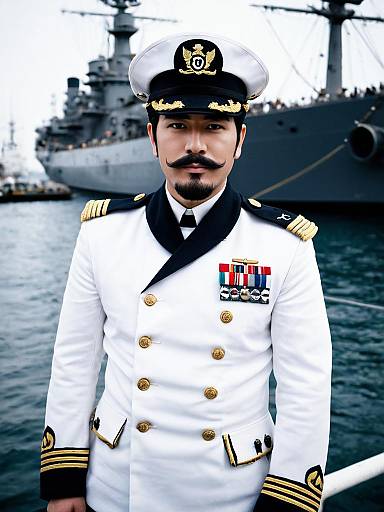 Naval Admiral Portrait in White Uniform with Warship Background