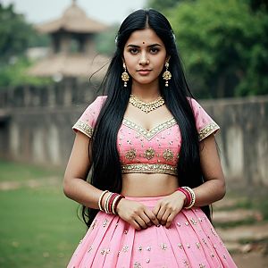 Young Woman in Pink Lehenga with Gold Jewelry