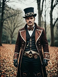 Man in Steampunk Halloween Costume Cosplay in Autumn Forest