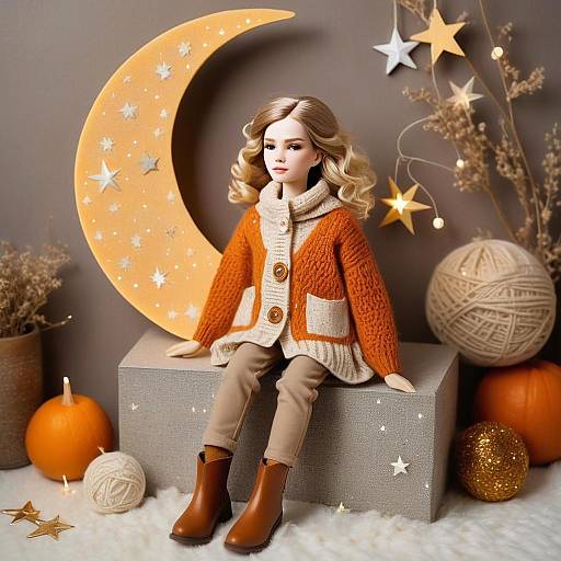 Realistic Doll in Autumn Knitwear with Moon and Stars Decor